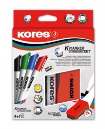 Tábla- és flipchart marker készlet mágneses táblatörlő szivaccsal, 3-5 mm, vágott, KORES "XW2", 4 különböző szín